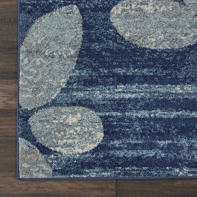 Navy and Light Blue Floral Synthetic Runner Rug