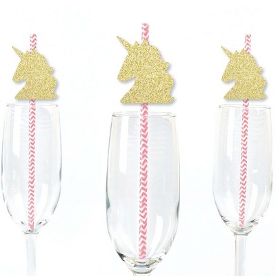 Big Dot of Happiness Gold Glitter Unicorn Party Straws - No-Mess Real Gold Glitter Cut-Outs & Baby Shower or Birthday Party Paper Straws - Set of 24