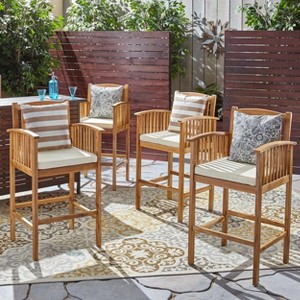 Christopher Knight Home Casa Outdoor Acacia Wood 30 Inch Barstools with Cushion (Set of 4), Natural/Cream - 1 of 4