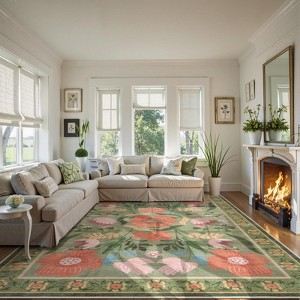 Lahome Country Floral Short Pile Velvet Rectangular Indoor Area Rug - 1 of 4
