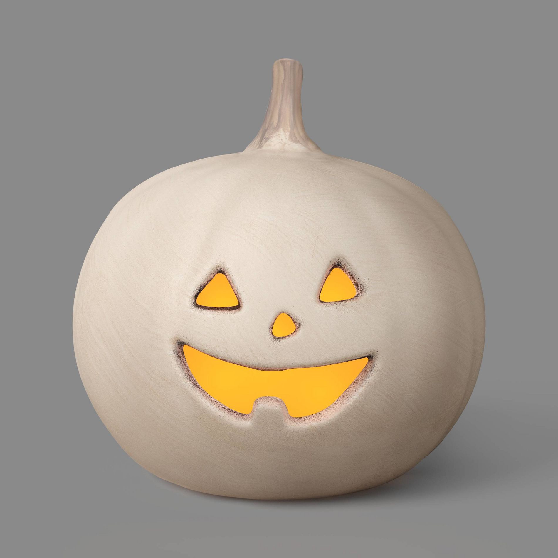 14" Lit Pumpkin Jack O' Lantern with 1 Tooth/Timer and Terracotta Look Halloween Decorative Prop Off-White - Hyde and EEK! Boutique™