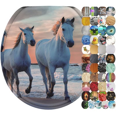 Sanilo 340 Round Molded Wood Toilet Seat with No Slam, Slow, Soft Close Lid, Stainless Steel Hinges, Unique Fun Decorative Design, Horses