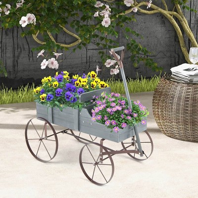 Gray Wooden Wagon Garden Planter with Metal Wheels