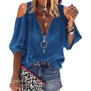 Imily Bela Women's V-neck Lantern Sleeve Shirt with Half-Zip and Off-Shoulder Casual Top - 1 of 4