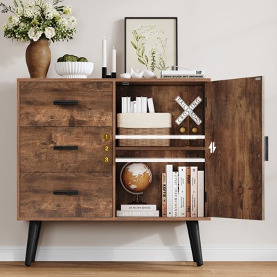USIKEY Storage Cabinet with Rattan Door & 3 Drawers, Entryway Cabinet with Adjustable Shelf, Accent Cabinet for Living Room