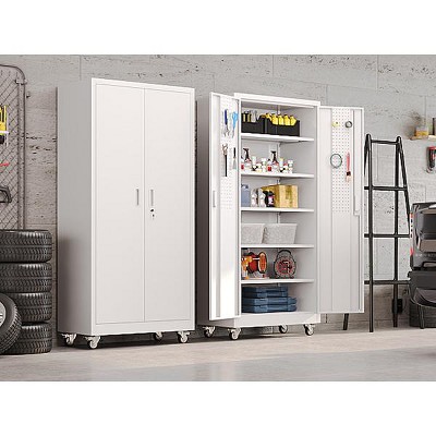 SUXXAN 72"H Metal Storage Cabinet with Wheels and Pegboard, 4 Adjustable Shelves and Lockable Door for Garage,Required Assembly