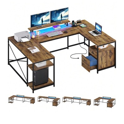 U Shaped Desk With Power Outlets & LED Lights Desk With Drawers Corner Computer Desk Office Desk With Monitor Stand & Storage Shelves