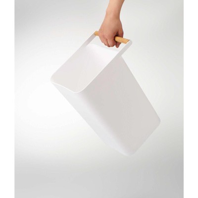 Slim Blue Plastic Trash Can with Wooden Handle, 2.5 Gallons
