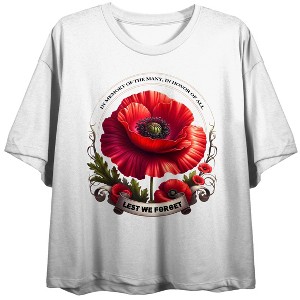 Memorial Day Poppy In Memory Of The Many Women’s White Crew Neck Short Sleeve Crop Top - 1 of 3