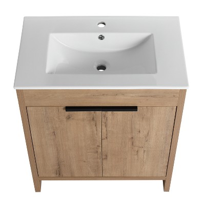 Vynxaria 30 in. Single Freestanding White Oak Plywood Bath Vanity with White Ceramic Sink Surface KD-PACKING Ready to Assemble