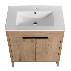 Vynxaria 30 in. Single Freestanding White Oak Plywood Bath Vanity with White Ceramic Sink Surface KD-PACKING Ready to Assemble - 1 of 4