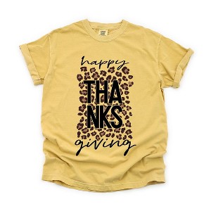 Simply Sage Market Women's Happy Thanksgiving Leopard Short Sleeve Garment Dyed Tee - 1 of 4