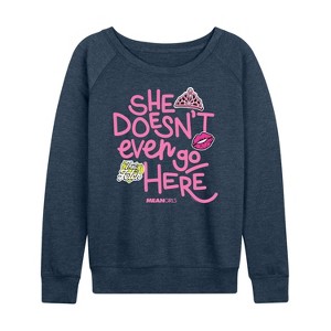 Women's - Mean Girls - She Doesn't Even Go Here Lightweight French Terry Wide Neck Long Sleeve Shirt - 1 of 4