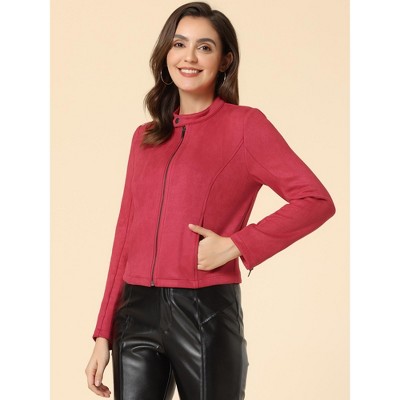 INSPIRE CHIC Women's Faux Suede Stand Collar Zip Up Long Sleeve Moto Biker Jacket Small Red — фото 3