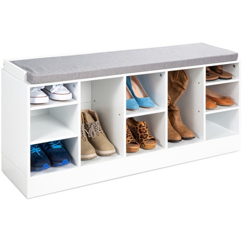 Mudroom Shoe Rack Bench for Entryway APICIZON 10 Cubbies Shoe Storage Bench with Cushion Living Room Bedroom White, Grey 