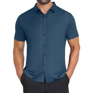 INSPIRE CHIC Men's Button Down Short Sleeve Solid Color Business Dress Shirts - 1 of 4