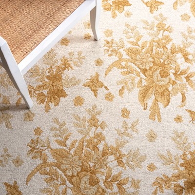 Ivory and Gold Floral Hand-Hooked Wool Area Rug