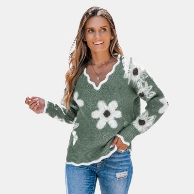 Women's Scalloped Floral Intarsia Knit Sweater - Cupshe