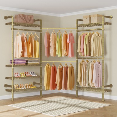 Timate L5 Expandable Corner Clothes Rack - Wall Mounted, 8 Shelves, 4 Hanging Rods, Industrial Pipe Design