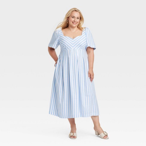 Women s Short Sleeve Midi Dress A New Day Blue white Striped 26 Target