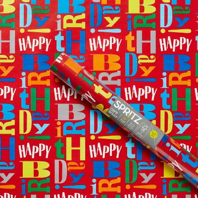 Birthday Wrapping Paper with Cut Lines - 3 Large Sheets Red Happy