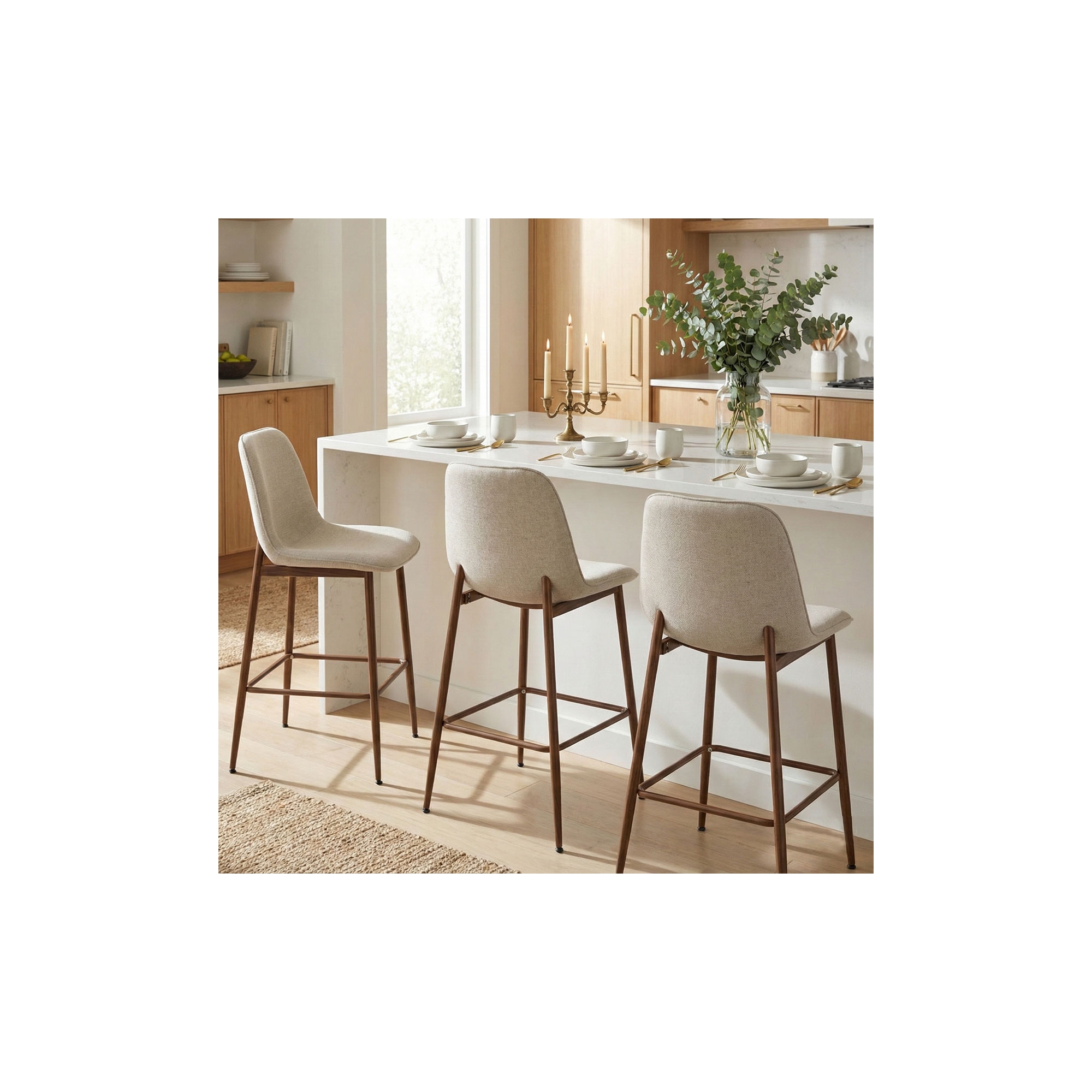 Set of 3 Counter Height Bar Stools, 26" Upholstered Kitchen Island Stools with Metal Legs, Curved Back Bar Chairs for Dining Room-Panipeachy