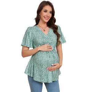 Clearlove Pregnancy Top Women's Drawstring Front V Neck Maternity T Shirt Short Sleeve Peplum Blouse - 1 of 4