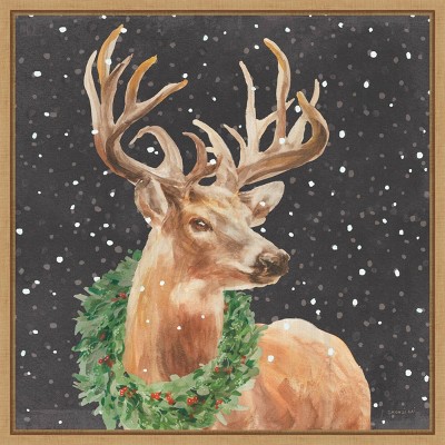 Natural Framed Christmas Deer Canvas Print with Wreath, 22 x 22 Inches