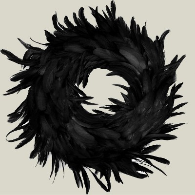 Joyfy Halloween Decorations 13.5in Black Feather Wreath for Trick or Treat,Porch Patio Window Indoor Outdoor Home Decor,Scary Scene Party Favors