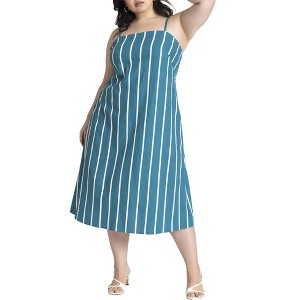 ELOQUII Women's Plus Size Stripe Linen Midi Dress - 1 of 4
