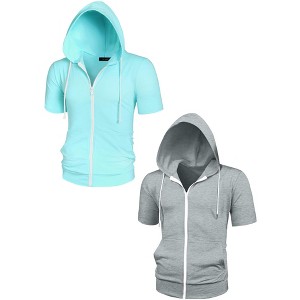 Lars Amadeus Men's Solid Color Zip Up Lightweight Short Sleeves Sweatshirt 2 Packs - 1 of 4