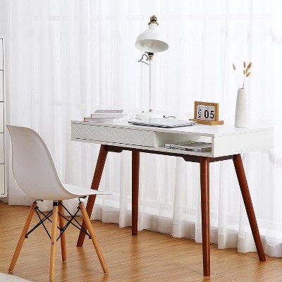 Small Office Desk, Mid Century Modern Writing Desk with Drawers, 42 Inch Wooden Computer Table for Study Room Bedroom