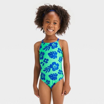 Image of Toddler Girls' Hibiscus Floral One Piece Swimsuit - Cat & Jack™ Green 5T: UPF 50+ Protection, Crisscross Straps, Stretch Fabric