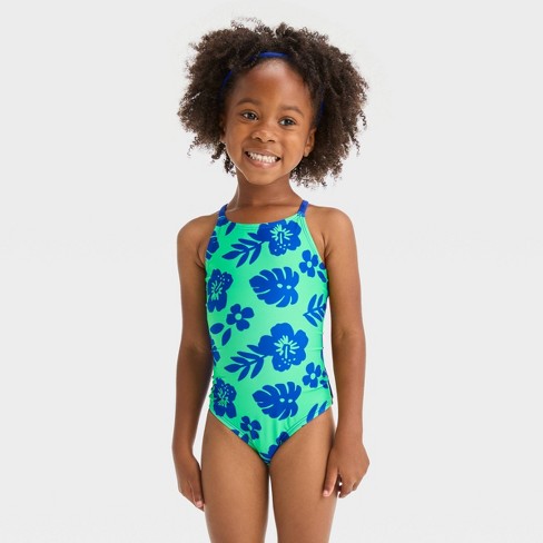 Baby Girls Hibiscus Floral One Piece Swimsuit Cat Jack Green