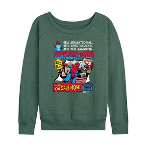 Women's - Marvel - Spider-Man He's Sensational Comic Lightweight French Terry Wide Neck Long Sleeve Graphic Shirt - 1 of 4