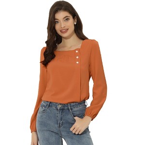 Allegra K Women's Casual Button Decor Long Sleeve Solid Square Neck Blouse - 1 of 4