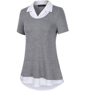 Women's Short Sleeve V-Neck Contrast Collared Shirts Patchwork Work Blouse Tunics Tops - 1 of 4