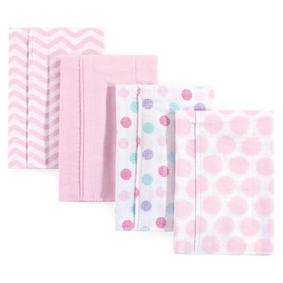 Luvable Friends Baby Girl Cotton Flannel Burp Cloths 4pk, Pink Dots Chevron, One Size