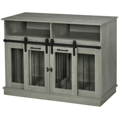 Large Gray Wooden Dog Crate Table with Sliding Doors