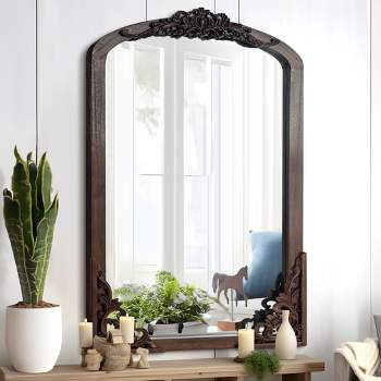 Neutypechic Vintage Wood Frame Arched Top Floral Carvings Decorative Wall Mirror