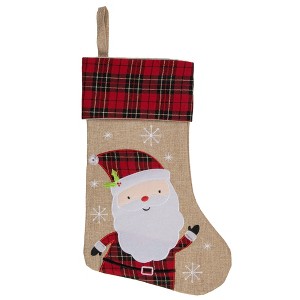Northlight 19" Burlap Plaid Whimsical Santa Waiving Christmas Stocking - 1 of 4