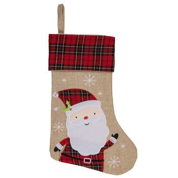 Northlight 19" Burlap Plaid Whimsical Santa Waiving Christmas Stocking