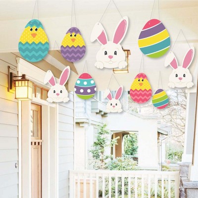 Big Dot of Happiness Hanging Hippity Hoppity - Outdoor Hanging Decor - Easter Bunny Party Decorations - 10 Pieces