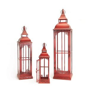 HomeRoots Set of Three Red Distressed Ornate Glass And Metal Floor Lantern Candle Holders - 1 of 4