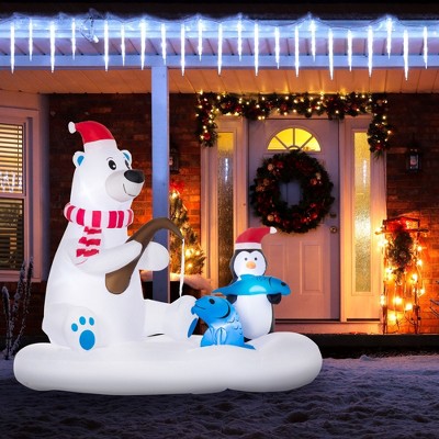 Angel Sar 6ft Inflatable Polar Bear & Penguin Fishing Scene, LED Light-Up Blow-Up Yard Decoration, Outdoor Christmas Decor with Santa Hats