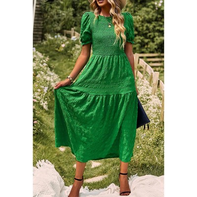 Women's Summer Crew Neck Short Sleeve Smocked Midi Dress Casual Elastic Waist Tiered A Line Maxi Dress