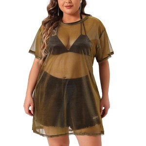 Agnes Orinda Women's Plus Size Shiny Sheer Mesh Holographic Short Sleeve Party Tunic T-shirts - 1 of 4