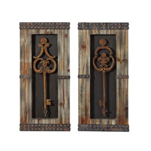 Wood Keys 3D Skeleton Wall Decor with Studs Set of 2 Brown - Olivia & May: Rustic Bedroom/Hallway Art - 1 of 4