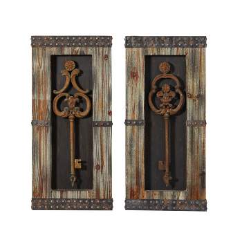 Wood Keys 3D Skeleton Wall Decor with Studs Set of 2 Brown - Olivia & May
