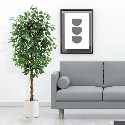 Whizmax Artificial Ficus, Fake Ficus Silk Tree with Natural Wood Trunk in Plastic Nursery Pot for Indoor Outdoor House Living Room Office